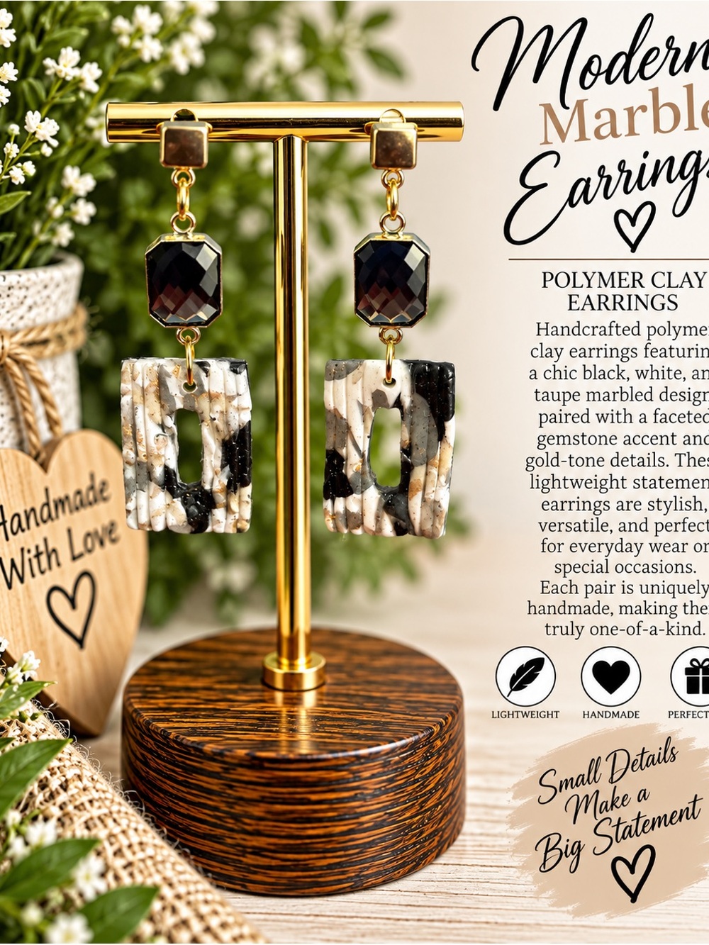 Modern Marble Dangle Earrings in Black & Taupe